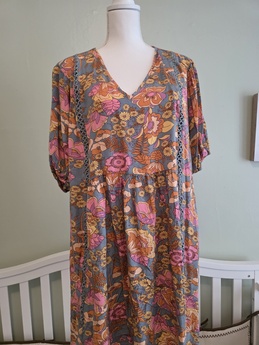 V-Neck Floral Midi Dress in Gray with Pink & Orange Blooms